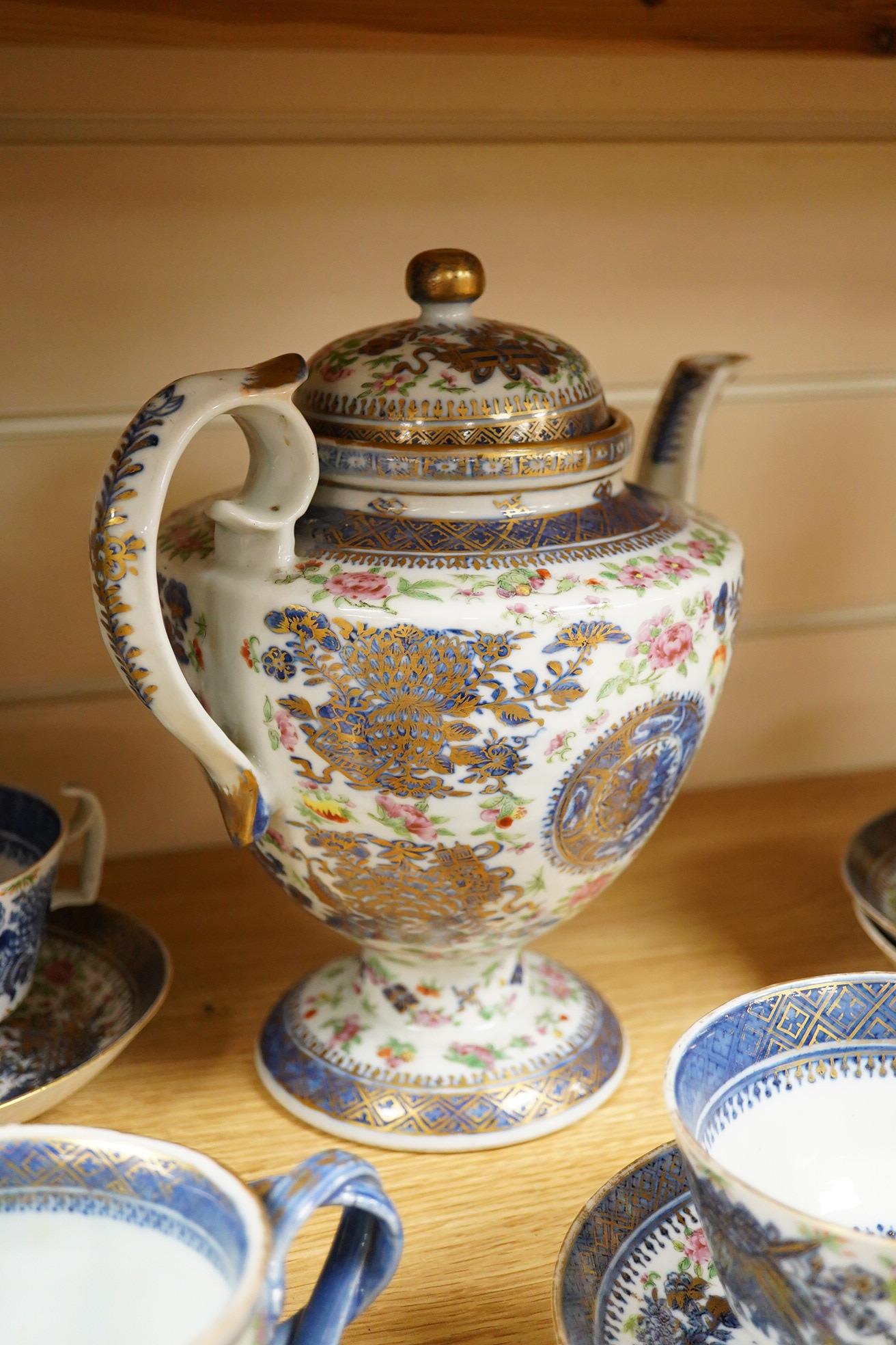An early 19th century Chinese porcelain part tea set and matching sauce boat - teapot 25cm high